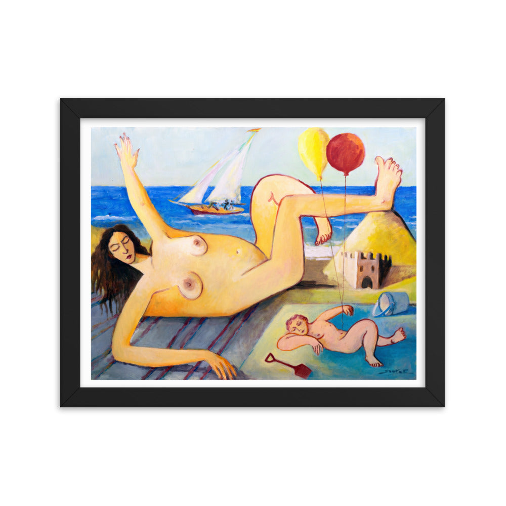 Nude On Beach - Framed Print by SANTOS FERNANDEZ